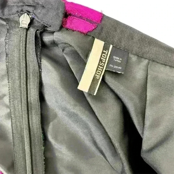 RARE TOPSHOP Premium  Black Mini Skirt Size 6 Pink Gold Polka Dots Retro Party - Picture 4 of 13